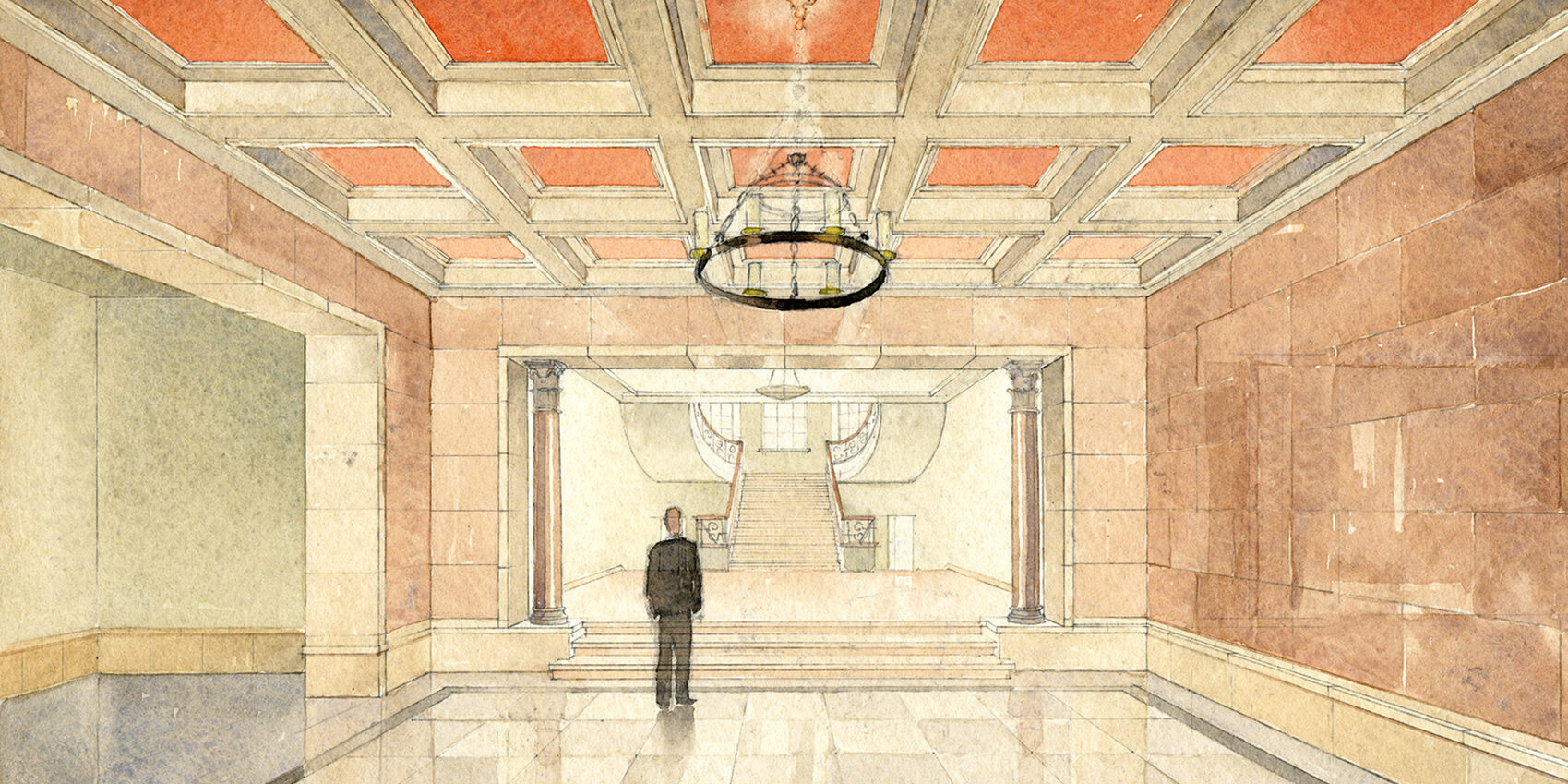 Alar Kotli akvarellijoonistus Presidendi Kantselei Hoone vestibüülist