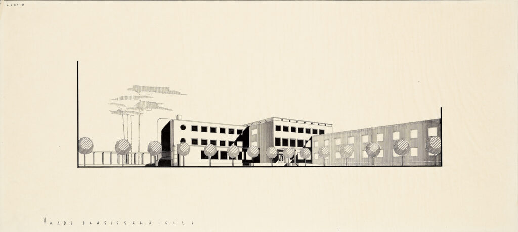 A perspective view of the competition entry for the skeletal TB sanatorium in Taevaskoda